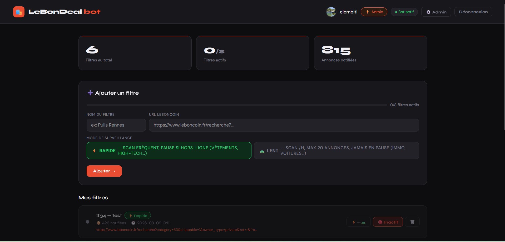 Dashboard LeBonDeal - Gestion des filtres et surveillance des annonces