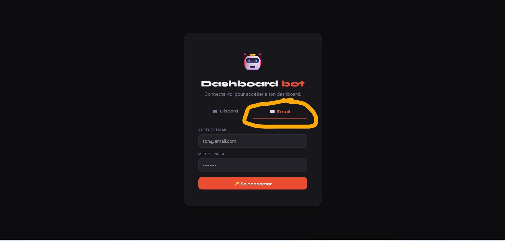 Page de connexion avec onglet email