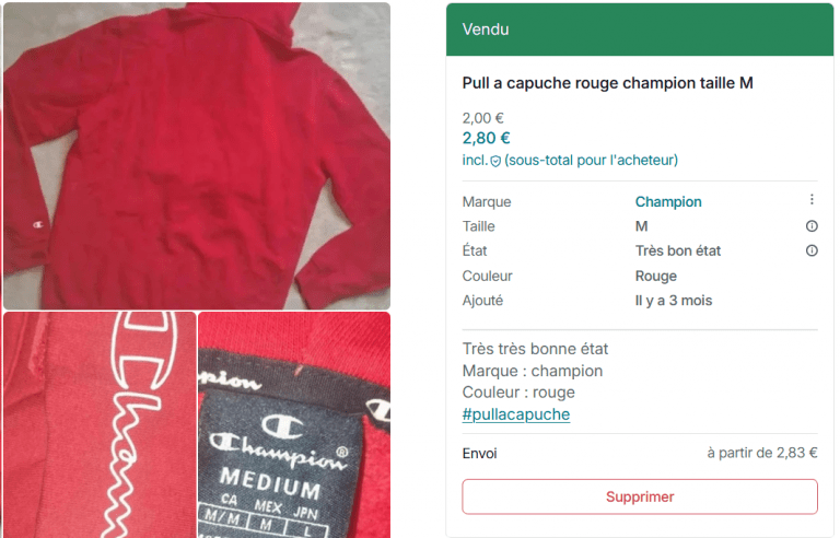 Interface de vente sur mobile montrant des vêtements avec prix visibles pour analyser le marché