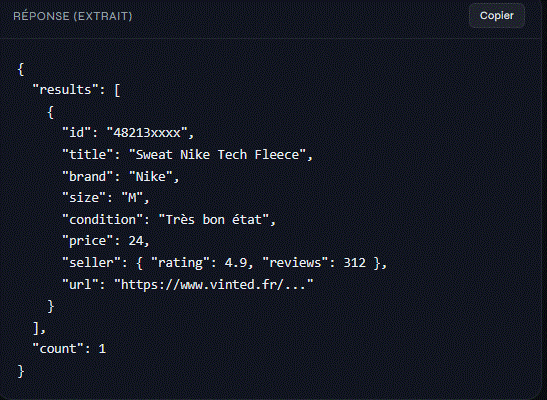 Exemple de réponse JSON de l'API Vinted